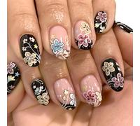 Faux ongles noirs et roses à presser avec détails floraux ovales courts