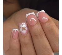 Faux Ongles Ombrés Français Chatoyants Avec Détails De Fleurs À Presser En Plastique Ensemble De Manucure Facile Pour Les Occasions Spéciales Paillettes Dégradées Françaises À Presser