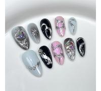 Faux ongles, ongles à presser Aurora amande presse à la main sur les ongles couverture complète conception de nœud papillon faux ongles français manucure artificielle ongles(5 Size S)