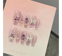 Faux ongles, ongles à presser Cristal fait à la main violet presse sur les ongles Rose rêveur longs cercueils conseils conceptions faux ongles paillettes faux ongles couverture complète Nail Art(XS)