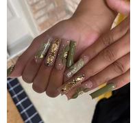 Faux ongles, ongles à presser Faux ongles longs en forme de cercueil avec colle, faux ongles marron portables avec strass, presse de Ballet, couverture complète(23)