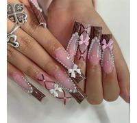 Faux ongles, ongles à presser Faux ongles longs en forme de cercueil avec colle, faux ongles marron portables avec strass, presse de Ballet, couverture complète(44)