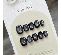 Faux ongles, ongles à presser Faux ongles noirs courts faits à la main, œil de chat, paillettes, couverture complète, décoration, manucure, pointes(M-send tool kit)