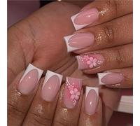 Faux Ongles Ongles courts carrés à bords blancs pressés la main, 10 pièces, avec motif de fleurs roses, intelligemment conçus, nus et faux(Color-1-XS)