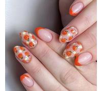 Faux Ongles Oranges Citrouille 24 Pièces Styles Français Automne Thanksgiving Art Floral Aucun Outil Requis Application Rapide Ongles De Vacances
