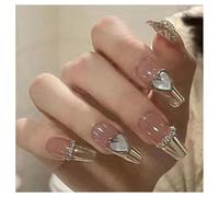 Faux Ongles Ovale Long Cœur métallique nude Ongles Autocollants Réutilisables Nail Art pour Femmes Filles Quotidien Soirée Mariage