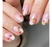 Faux ongles ovales courts, 24 pièces, fleurs à pression sur abeilles, couverture complète brillante en acrylique, à coller pour