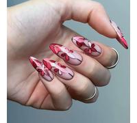 Faux ongles ovales élégants avec motif floral et bords dorés - Convient pour les vacances, les événements de l'indépendance, l'art