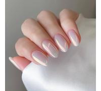 Faux ongles ovales en chrome blanc nacré à coller sur les ongles courts, Faux ongles avec colle à ongles, Ongles adhésifs réutilisables en 12 tailles - 24 autocollants en gel pour faux ongles souples