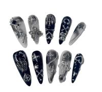 Faux Ongles Papillon Étoile Couronne Rendu Noir Et Blanc Réutilisable | Presse faite à la main sur les embouts Nail Art Amovibles et réutilisables Convient à la plupart des gens(M)