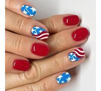 Faux Ongles Patriotiques à Presser Faux Ongles Carrés French Tips 4 Juillet Fête Indépendance Fête Défilé Barbecue Nail Art Femme