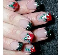 Faux ongles pour Noël - Couverture complète à coller sur les ongles - Ongles courts carrés à presser - Avec pointe française - Pour fête