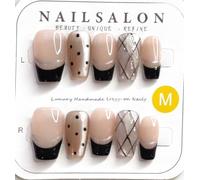 Faux Ongles Press-On, Design French Manucure Noir et Beige, Taille M
