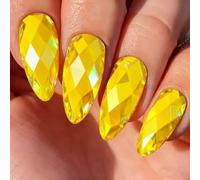 Faux ongles Press On Nails dorés métalliques chromés forme amande moyenne taille diamant jaunes avec pierres précieuses facettées