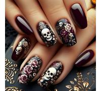 Faux ongles prêts à l'emploi avec motifs floraux squelette gothique pour le quotidien, les fêtes d'Halloween