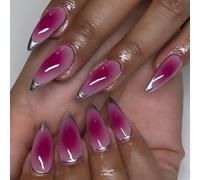 Faux ongles professionnels à presser en forme d'amande française - Rose rouge et argent - Pour femme élégante à la recherche d'art acrylique