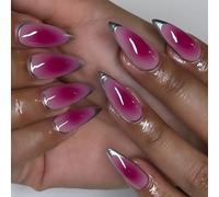 Faux ongles professionnels à presser en forme d'amande française rose rouge et argent pour femmes élégantes à la recherche d'art à coller sur les ongles