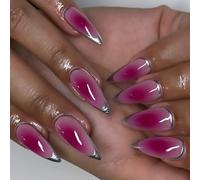 Faux ongles professionnels à presser - Rose rouge et argent - Amande française - Manucure pour femme élégante à la recherche de nail art