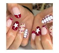 Faux Ongles Rayés, 24 Pièces, Blush, Étoile À Cinq Branches, Pointe Ondulée, Style Français, Court, Amande, Presse Sur Les Ongles Décorations Manucure(Y2)