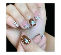 Faux Ongles Rayés, 24 Pièces, Blush, Étoile À Cinq Branches, Pointe Ondulée, Style Français, Court, Amande, Presse Sur Les Ongles Manucure DIY(Y3)
