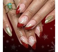 Faux ongles réutilisables avec pointe française et flocons de neige dorés pour fêtes de Noël et mariages. Faux ongles en plastique en or