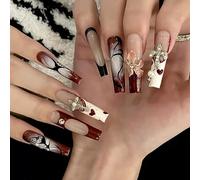 Faux ongles ronds longs à coller croix Maillard Y2K kit de faux ongles à coller 10 tailles 24 pièces avec pastilles adhésives