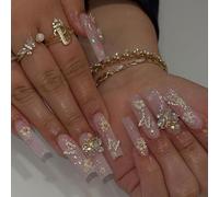 Faux ongles ronds longs à coller Y2K avec motifs 3D (fleur, papillon) - 24 pièces