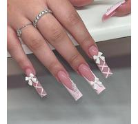 Faux ongles ronds longs à coller Y2K avec nœud 3D et bout French - 24 pièces