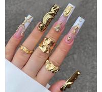 Faux ongles ronds longs avec pointe française croisée faux ongles métalliques dorés 3D Y2K à coller 24 pièces sans dommage