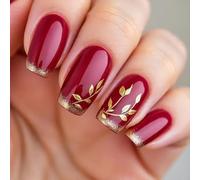 Faux ongles rouges à pointe française moyens carrés ligne dorée autocollants sans dommage