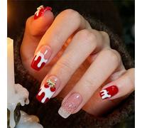 Faux ongles rouges et blancs sur le thème de Noël avec pointe française élégante en ABS pour fêtes de fin d'année et usage quotidien