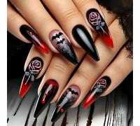 Faux ongles rouges gothiques en ABS avec motifs gouttes de sang brillants et confortables à porter - Accessoires de fête - Chauve-souris et rose