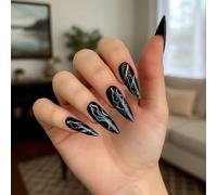 Faux ongles Stiletto à paillettes marbrées noires brillantes en acrylique avec motif tourbillon blanc pour manucure gothique audacieuse, esthétique rock, noir brillant, veines blanches