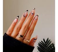 Faux ongles stiletto noirs French Press on Nails Longueur moyenne Nude Glossy Amande Faux ongles avec motif tourbillon pour femmes et filles Décoration quotidienne 24 Pièces
