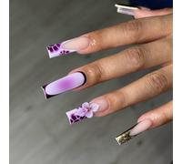 Faux Ongles Super Longue MouyouGlow,Carré 3D Gold Wavy French Violet Fleurs D'hibiscus Fleurs Aura Press on Nails avec Colle à Ongles,Pétales Tips Flowers Y2K Coquette Fake Nails