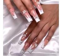 Faux Ongles Super Longue MouyouGlow,Carré Nude Blanc French 3D Papillon Diamant Fairy Press on Nails avec Colle à Ongles,White Tips Butterfly Y2K Coquette INS Fake Nails