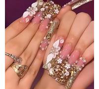 Faux Ongles Super Longue MouyouGlow,Carré Nude Or Paillettes French 3D Extravagant Luxury Diamant Fleurs Floral Press on Nails avec Colle à Ongles,Bling Tips Y2K Coquette Fake Nails