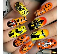 Faux ongles sur le thème d'Halloween en forme de cercueil, chauve-souris, tête de mort, toile d'araignée, art pour costume d'événement et usage quotidien - Forme carrée citrouille chauve-souris