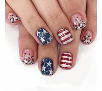 Faux Ongles Sur Le Thème Du Jour De L'indépendance 24 Pièces Courts Carrés À Pression Bâton Brillant Sur Étoiles Lignes Rouges En Acrylique