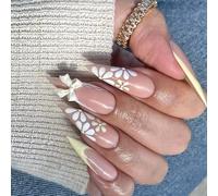 Faux ongles tendance à presser longs avec fleur et nœuds délicats en acrylique Décoration de manucure pour tous les jours