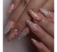 Faux ongles tendance en forme d'amande avec détails ondulés, matériaux ABS, faciles à porter, pour voyage, travail, événement social, design français, à presser