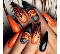Faux ongles tendance sur le thème d'Halloween - Pointe en amande fantôme - Citrouille - Art durable - Confortables - Pour un usage quotidien - Faux ongles longs en amande