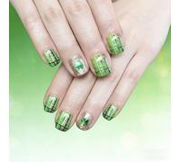 Faux ongles verts élégants, courts et carrés, avec paillettes et motifs végétaux, manucure pour dame, Trifolium vert, à pression