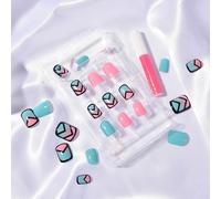 Faux Ongles Vintage Rose Et Bleu Lac, Taille Courte, Avec Colle, Jolis Ongles Français, 24, Pièces/Ensemble