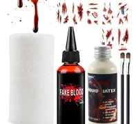 Faux sang Halloween, 48 ml de sang de théâtre rouge foncé, 28 ml de latex liquide, pinceaux de maquillage, kit de maquillage et éponge, lavable pour Halloween, zombie