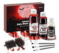 Faux Sang Halloween, 58 ML De Sang Frais Artificiel, 48 ML De Sang De Théâtre Rouge Foncé, 28 ML De Latex Liquide, Pinceaux De Maquillage, Kit De Maquillage Et Éponge, Lavable pour Halloween, Zombie