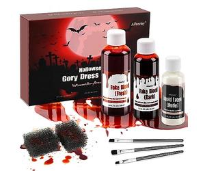 Faux sang Halloween, 58 ml de sang frais artificiel, 48 ml de sang de théâtre rouge foncé, 28 ml de latex liquide, pinceaux de maquillage, kit de maquillage et éponge, lavable pour Halloween, zombie,