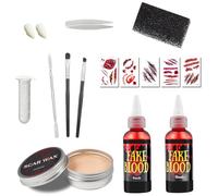 Faux Sang Halloween, Halloween Make UP Set, Sang Artificiel Halloween, SFX Zombie Vampire Clown Maquillage, 30ml de Sang Frais Artificiel, 30ml de Faux Sang Rouge Foncé, Dents de Zombie (A)