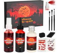Faux Sang Halloween,Maquillage Halloween Adulte pour Makeup Kit avec Spray Faux Sang,Réaliste Faux Sang,Latex Liquide,Autocollants Cicatrices,Pinceau de Maquillage,Lavable pour Zombie Vampire Cosplay