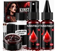 Faux Sang Halloween Maquillage pour Visage Kit Fake Blood Makeup Halloween | avec Faux Sang Liquide, Fake Blood Spray, Liquide SFX, Sang Gel, 4 Éponges et 2 Pinceaux